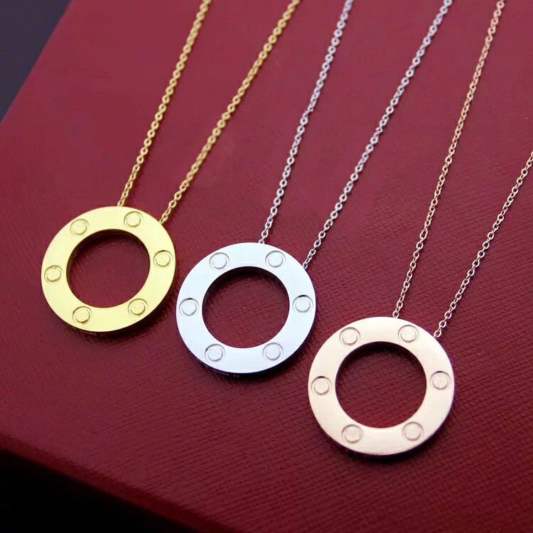 3 Colors Circle Screw Detail Pendant Necklace, Titanium Steel Anti-fade Hollow Round Clavicle Chain, Luxury Designer Classic Women Daily Stacking Fa