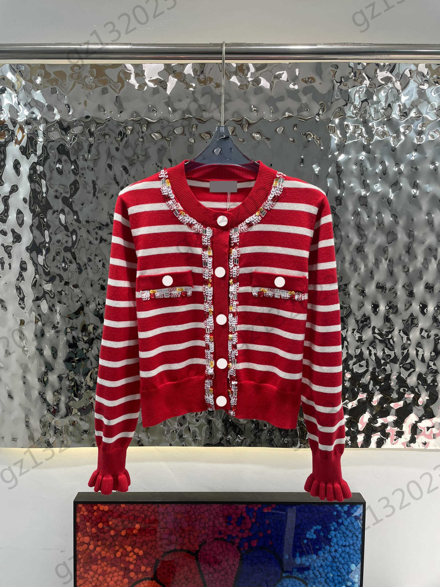 

Womens Sweaters Striped Colored Sequins Trim Round Neck Knit Cardigan Custom Button Long Sleeves Knitwear Fashion Designer Women Clothing