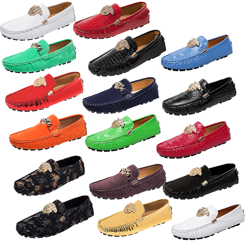 

Brand Printed pattern Metal buckleItalian designer Genuine Leather Men Women's shoes Novelty print Loafers Moccasins Driving Shoe Casual Flat Dress Shoes, 2105-1