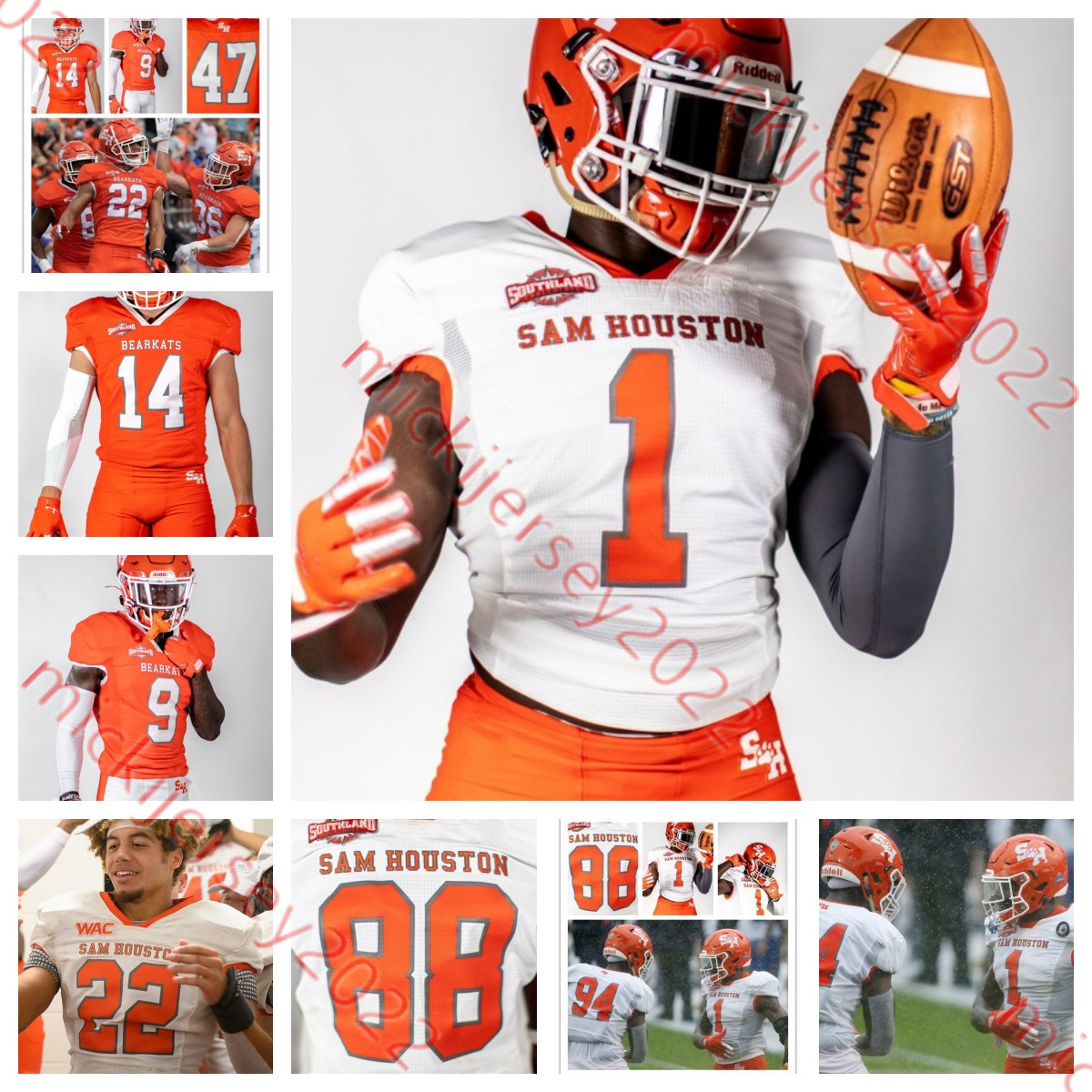 

Mens Custom College Sam Houston State Bearkats Football 14 Davion Davis 92 P. J. Hall 49 Derick Roberson 22 Zyon McCollum Josh McCown Simeon Evans Youth Stitched jerseys, White