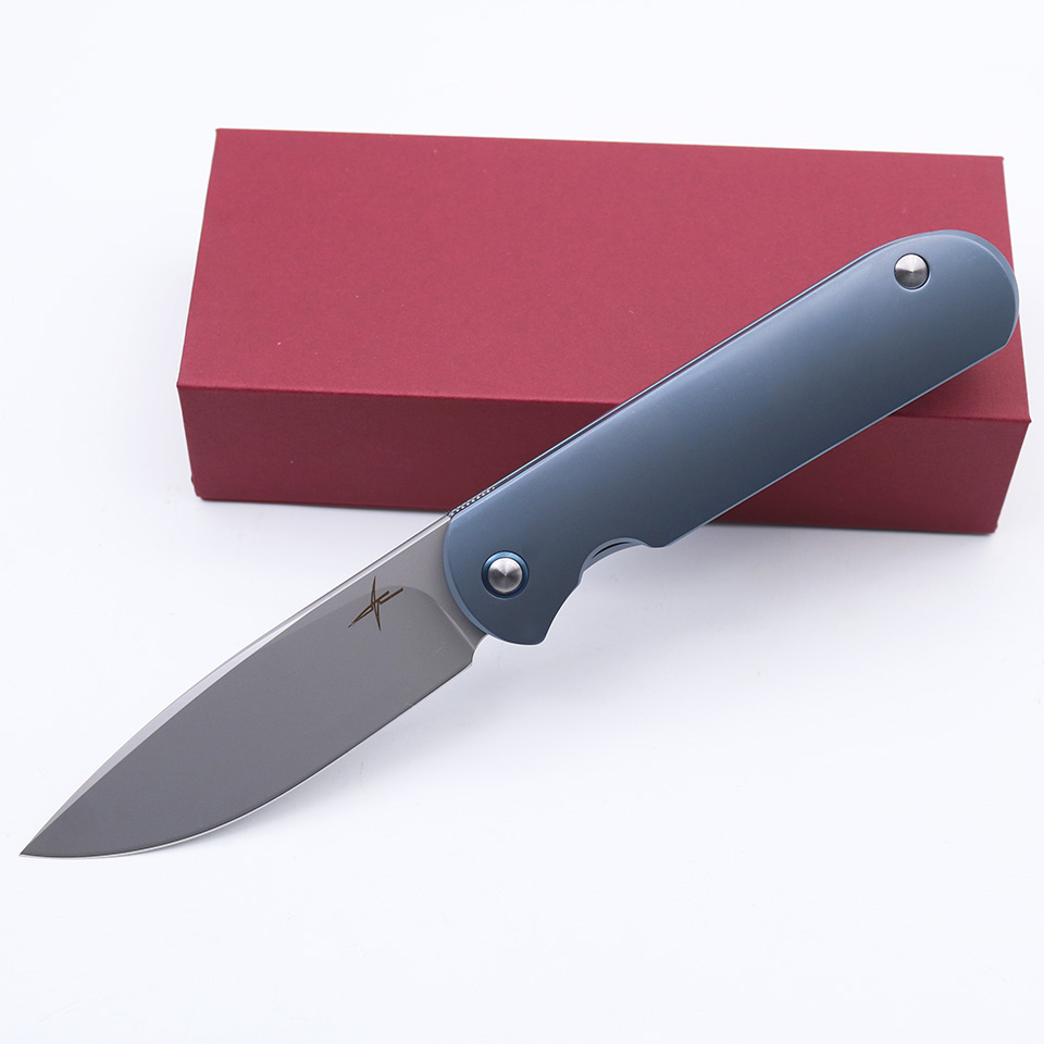 

SMKE Knives Custom Shamwari Front Flipper Folding Knife 3.5" D2 Blade Blue Anodized Titanium Handle Survival Tactical Pocket Knife Outdoor Tools