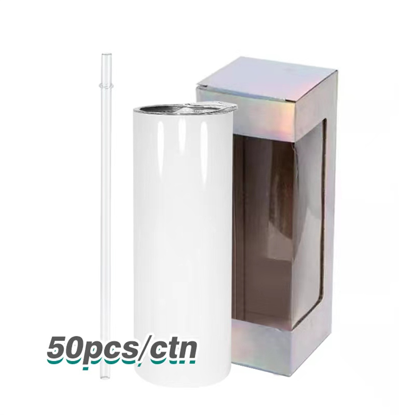 

US Warehouse Blank Sublimation Tumbler with Holographic Box 20oz STRAIGHT skinny tumbler with straw Straight Cups Stainless Steel Beer Coffee Mugs with Laser Box, White