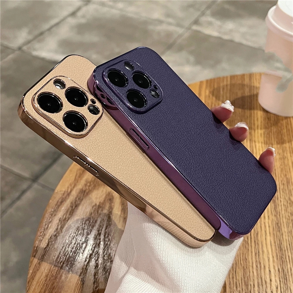 

Luxury Lambskin Leather Plating Phone Case For iPhone 14 13 12 11 Pro Max 13Pro 14 Plus Shockproof Bumper Lens Protection Cover