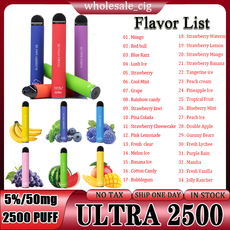 

Fumed Ultra 2500 Puffs Disposable E-cigarettes Vape Fumeds Puff 2500 Device 5% 34 Flavors 850mah Battery 9ml Cartridge Ultra Starter Kit Electronic Cigarettes