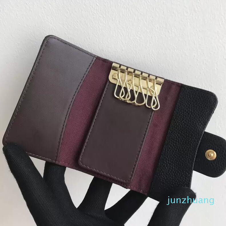

High Quality Genuine Leather Keychain Women 552 Holder Organizer Pouch Cow Split Wallet Housekeeper Key Case Mini Card Bag, Caviar cowhide gold buckle