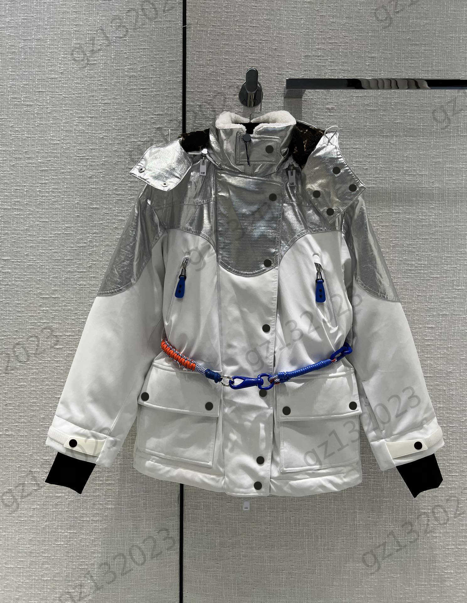 

Puffer Coat Womens Down Parkas Waist Woven Safety Rope Trim High Collar Hooded Winter Coat Multiple Pockets Windproof Long Sleeves Cool Warm Outerwear Women Wear