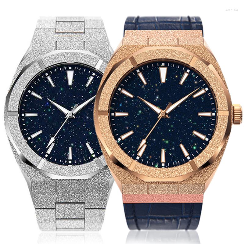 

Wristwatches Matte Style Custom Brand Private Label Star Dust Dial Bling Stainless Steel Strap High Quality Frosted Watch For Men