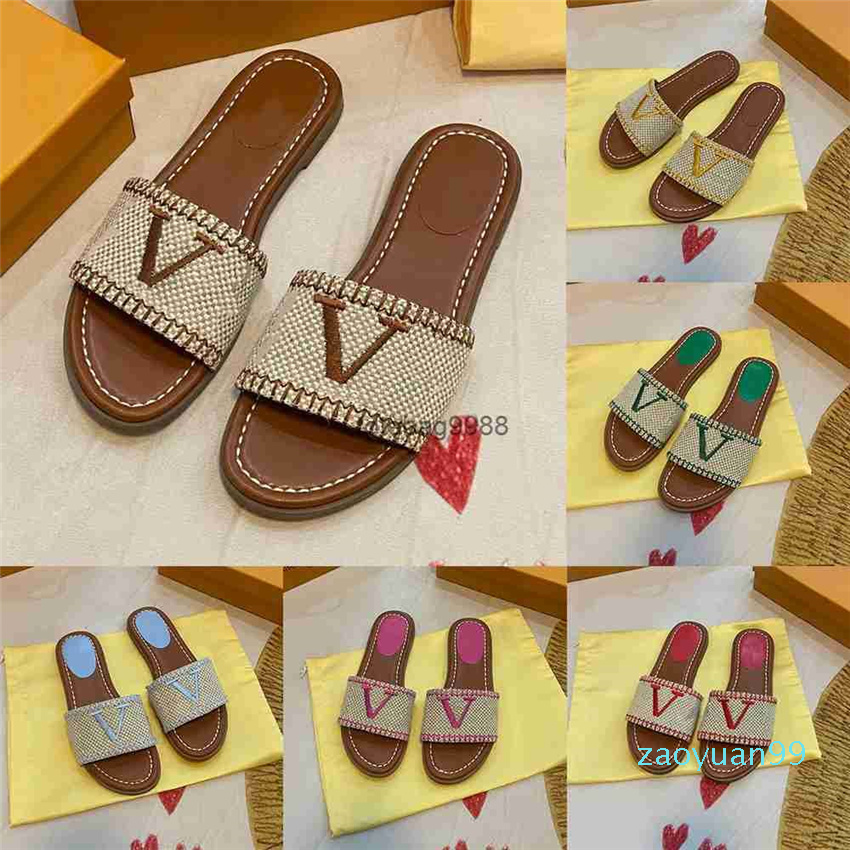 

2023 Designer Women Roman old flower Slippers Sandals Embroidery Shoes Flip Flops Loafers Summer Wide Flat Lady Canvas Sandals Slipper Size, Yellow