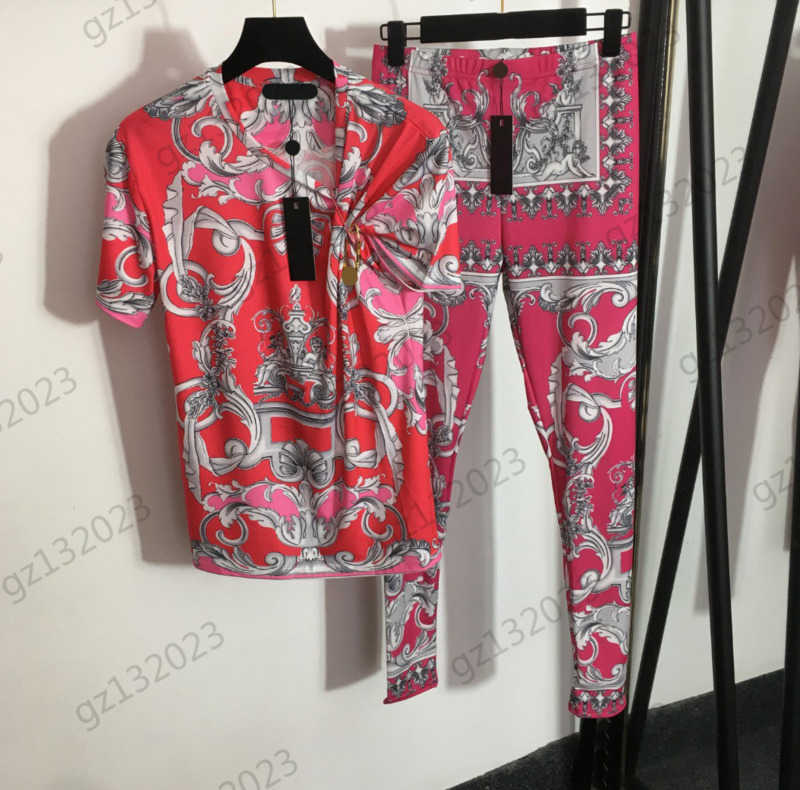 

Womens Tracksuit Figure-printed Metal Pin Decoration Short Sleeve Pullover T-shirt Elastic Waist Thin Leggings Retro Style Trend Women Clothing 1970