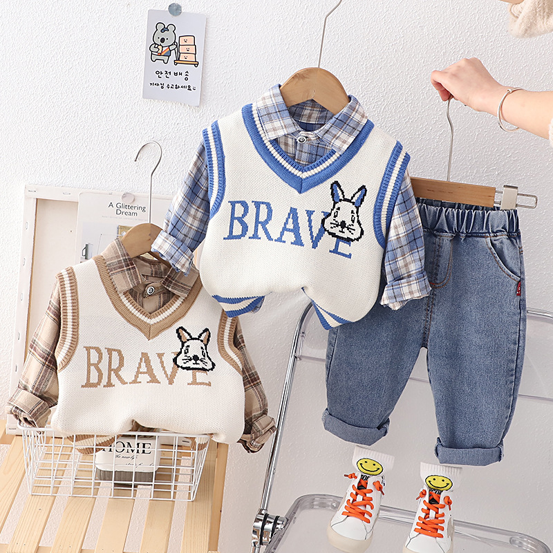 Spring Autumn Children Boys 3PCS Clothing Set Cartoon Sweater Vest Cotton Denim Shirt Casual Pants Baby Boys Clothes H251208-image-1087662142