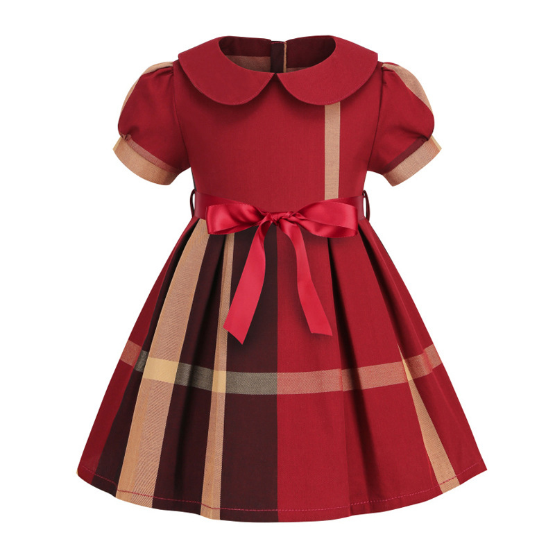 

Baby Girls Princess Dress Kids Lapel College Style Bowknot Short Sleeve Pleated Polo Shirt Skirt Children Casual Dresses, Crimson