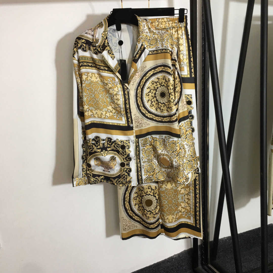 

Two Piece Sets Womens Two Pieces Pants European Vintage Printed Lapel Long-sleeved Shirt Elastic High Waist Wide-leg Slimming Trousers Women Clothing 2 Colors