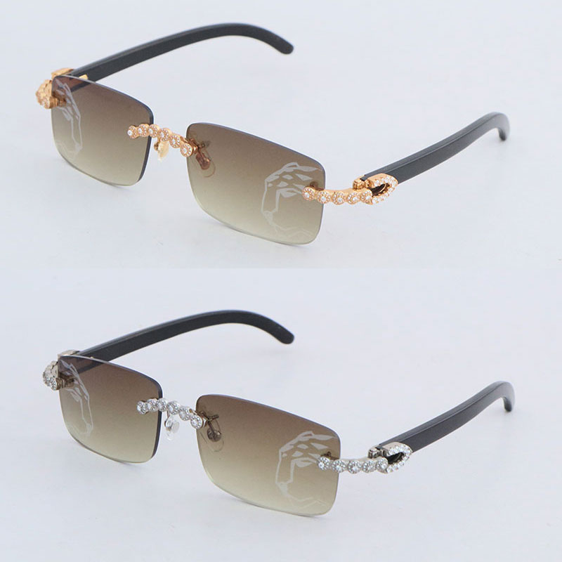 

Luxury Moissanite Diamond Rimless Sunglasses for Women 8200757 Original Black Buffalo Horn Men Leopard lens glasses Big Stones Large Glasses Mens Size 58-18-140mm