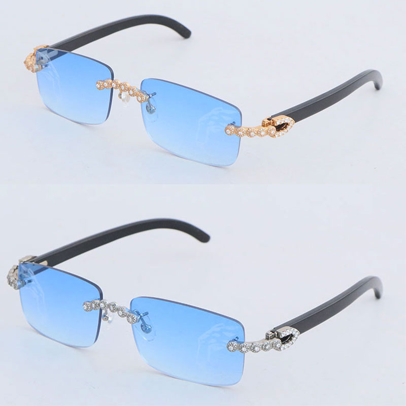 

Luxury Moissanite Diamond Rimless Sunglasses for Women 8200757 Original Black Buffalo Horn Men Leopard lens glasses Big Stones Large Glasses