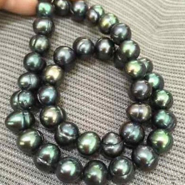 

10-11mm Beaded Necklaces Black Green Pearl Necklaces 18inch Gold Clasp