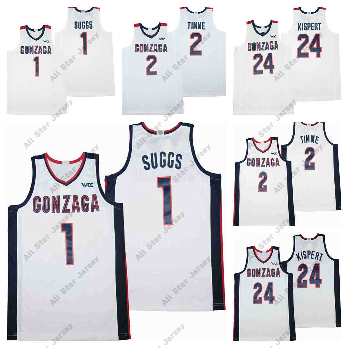 

Basketball Jerseys NCAA Gonzaga 1 Jalen Suggs 2 Drew Timme 24 Corey Kisper White Basketball Jersey, Picture