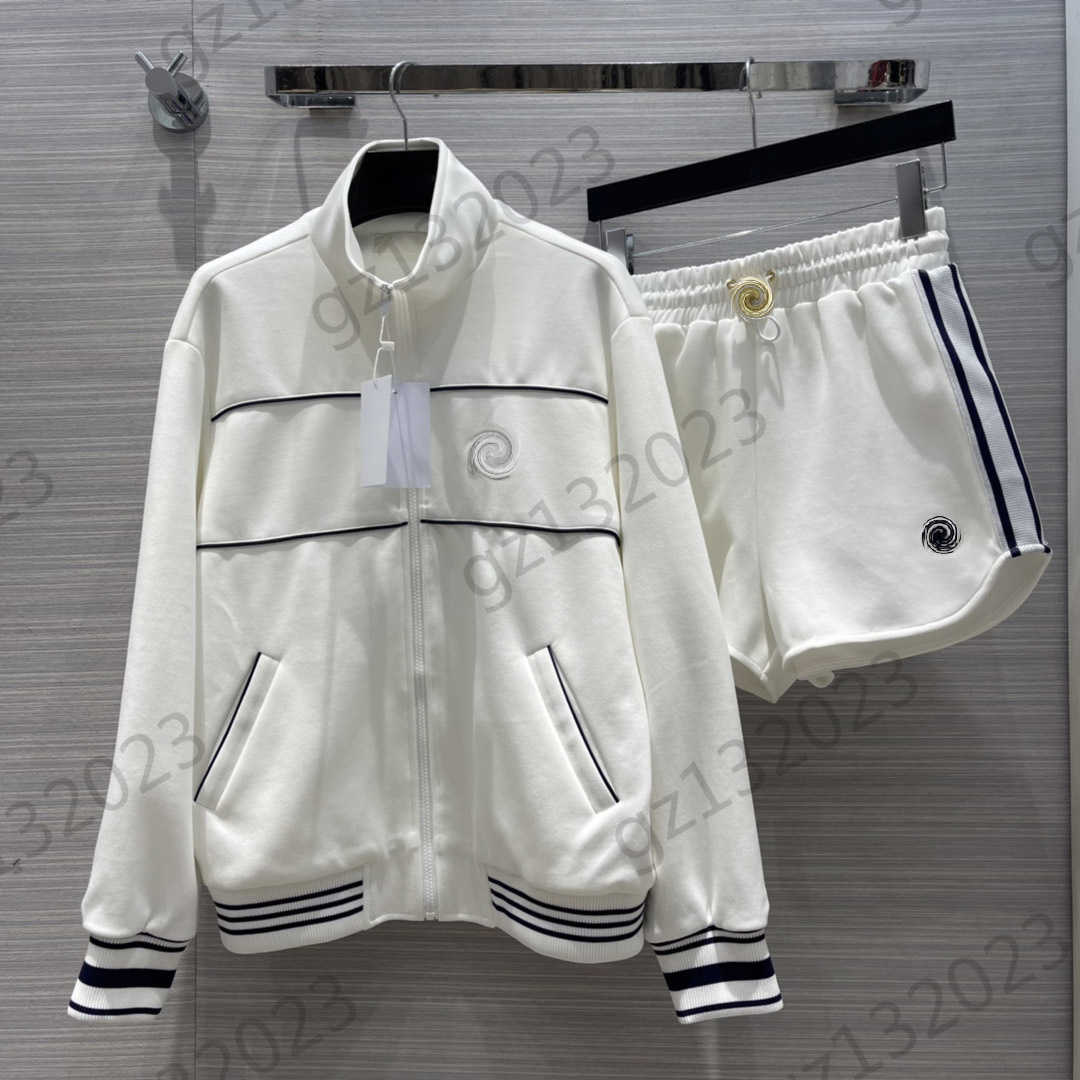 

Womens Two Pieces Pants Logo Embroidery Stripe Decoration Stand Collar Zipper Long-sleeved Jacket Elastic Waist Pull Rope Loose Shorts Women Clothing