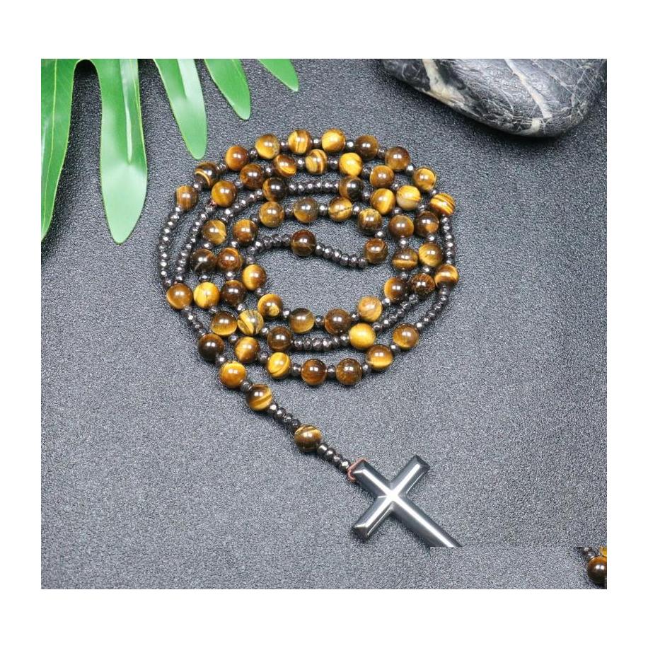 

Pendant Necklaces Natural Tiger Eye Beaded Necklace For Women Men Catholic Christ Rosary Hematite Cross Male Meditation Jewelrypenda Dh8Cy