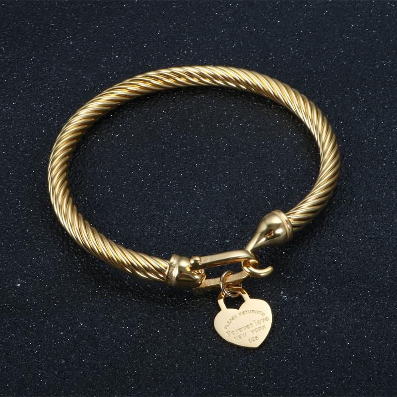 

Titanium Steel Cable Wire Gold Color Love Heart Charm Bangle Bracelet With Hook Closure For Women Men Wedding Jewelry Gifts1