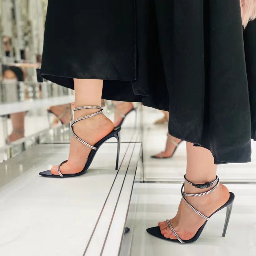 

New sandals black leather Sandals rhinestone-encrusted strap spool Heels sky-high heel for 11mm women summer luxury designers shoes party heeled factory footwear, 1# black