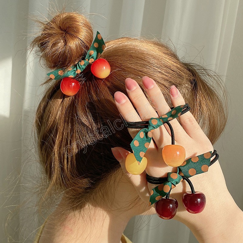 

Korean Elastic Hair Bands For Girl Fashion Elegant Bow Cherry Double Layer Rope Scrunchie Women Ponytail Holder Hair Accessories, Mixed color