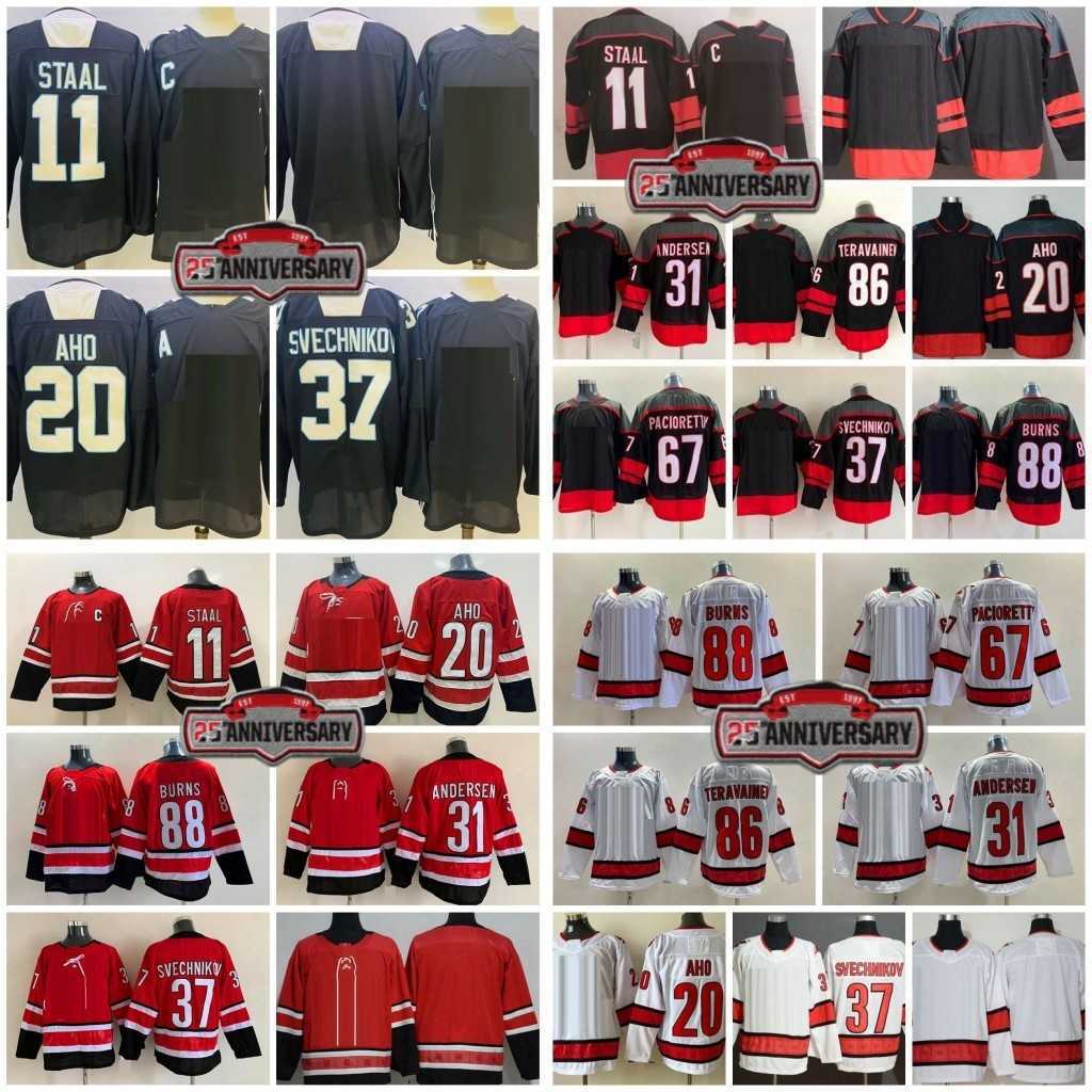 

Reverse Retro Hockey Canes 20 Sebastian Aho Jerseys 31 Frederik Andersen 8 Brent Burns Staal Andrei Svechnikov Teuvo Teravainen Max Paciorett Men 25th Anniversary