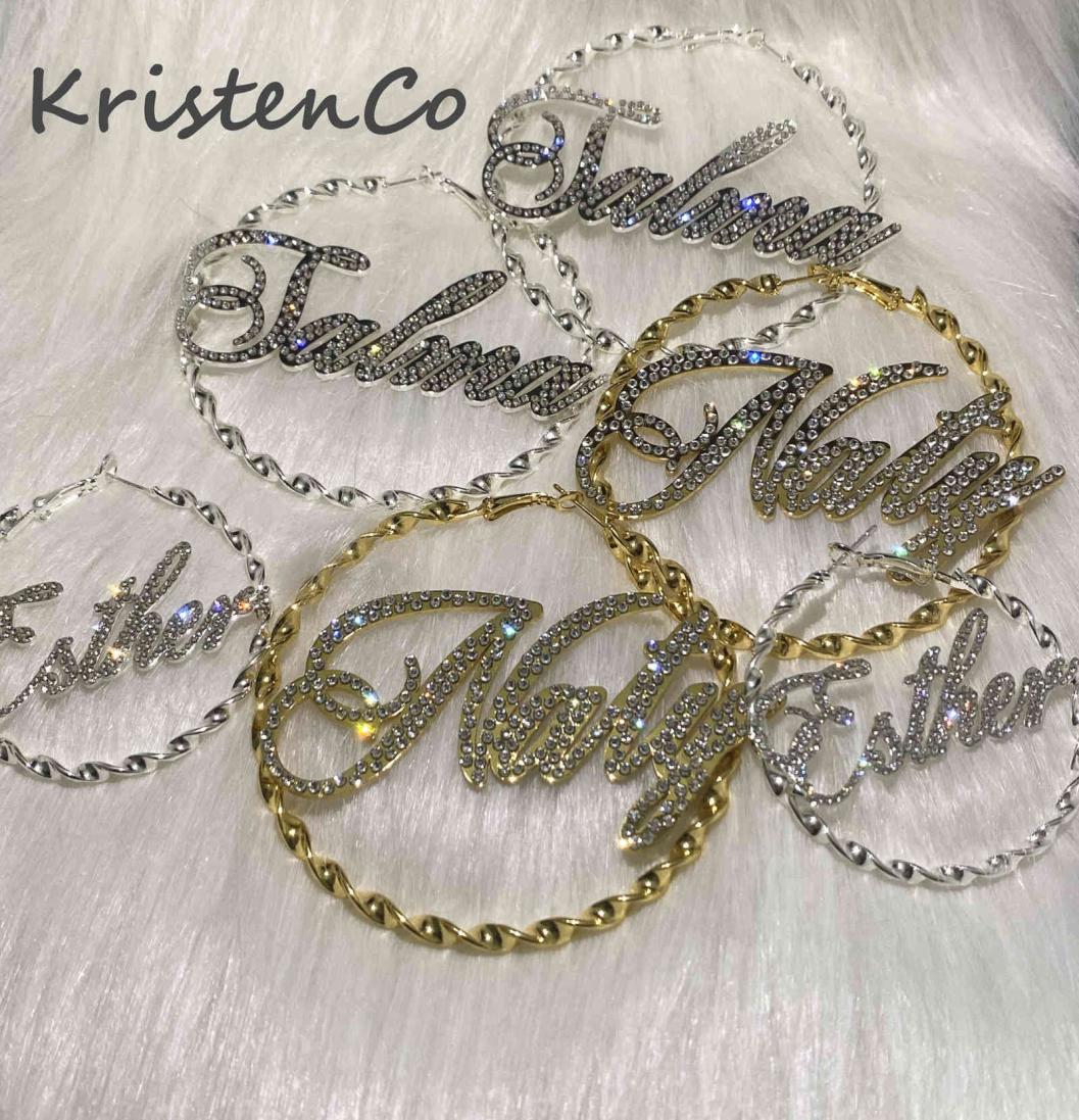 

KristenCo Bling Name Earrings Custom Name Thread Hoop Earrings Letter Big Personalised Name Earrings Women Gift 2109249691142