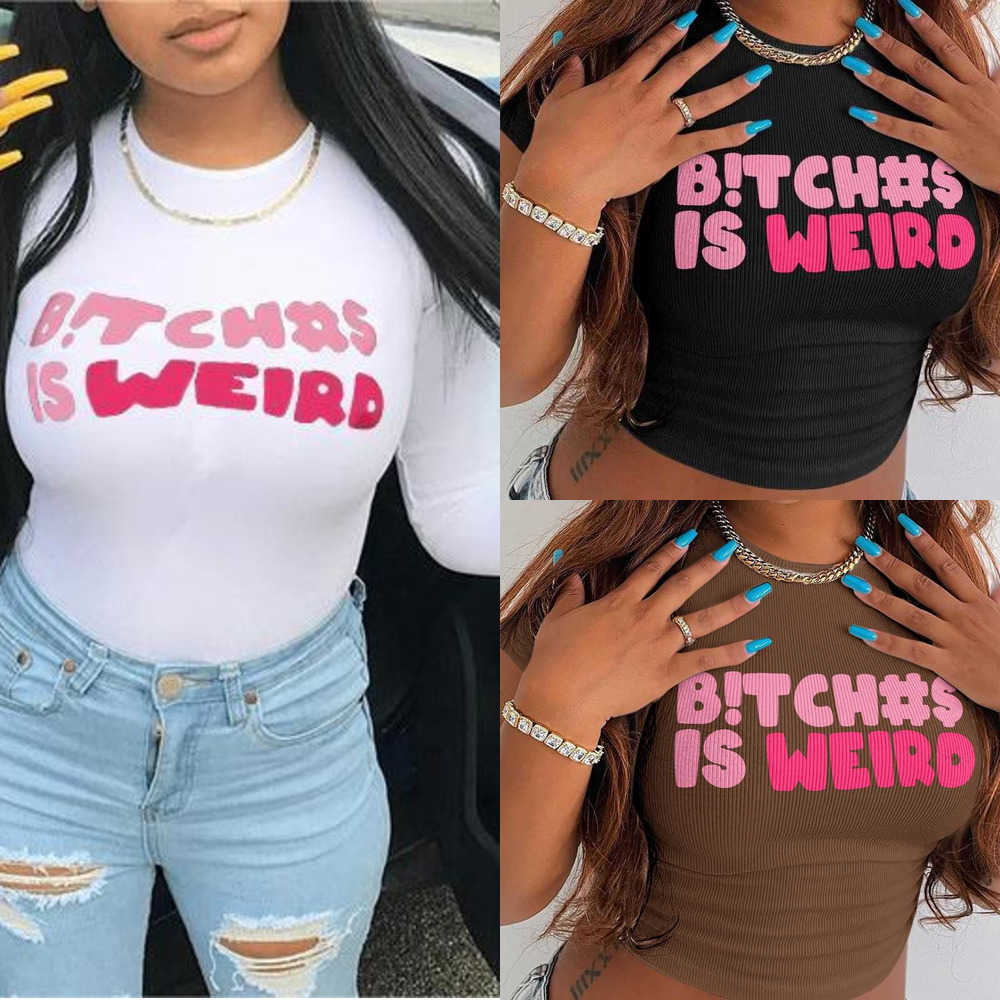 

2022 Summer Womens T-Shirt Ribbed Crop Tank Top Round Neck Short Sleeve Letter Print T shirt Fashion Streetwear Wome Clothes XS-XL, Black01