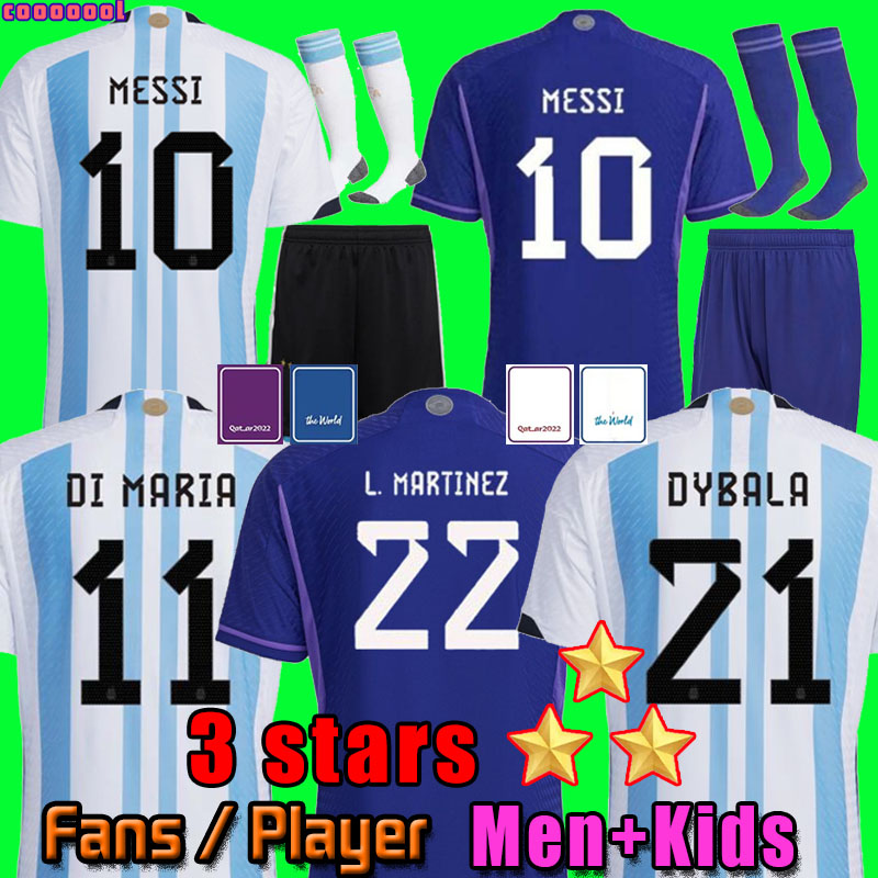 

2022 Argentina soccer Jerseys 3 stars Fans Player Version 22 23 DI MARIA DYBALA LO CELSO MARADONA DE PAUL football shirt Men Women Kids kit uniforms, 2022 away kids + socks