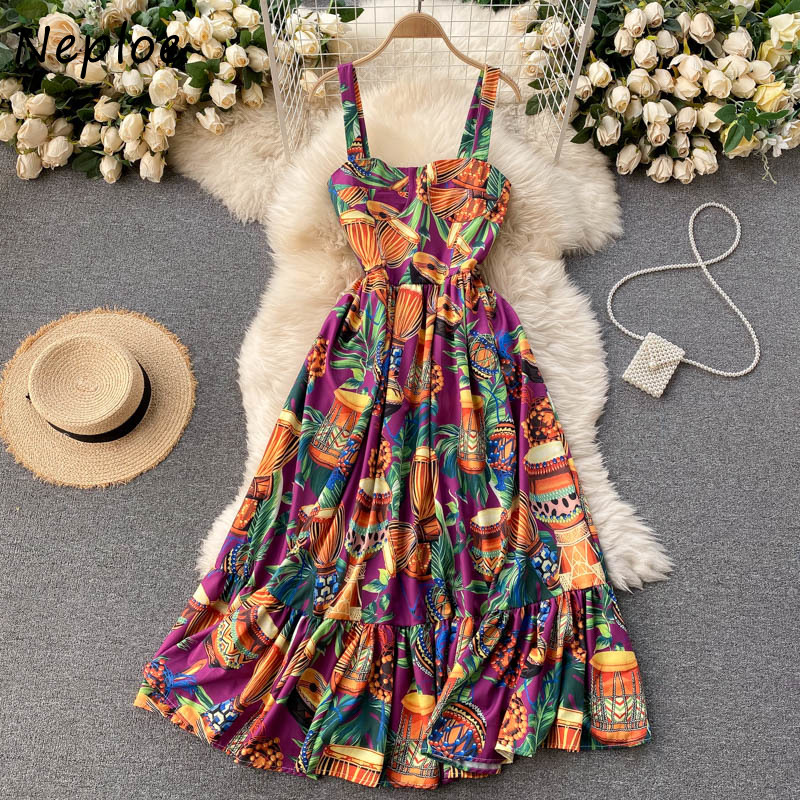 

Vintage Print Holiday Bohemian Dress Women Sexy Ruffles Patch Shoulder Strapless Camis Vestido High Waist Hip A Line Robe 2023, Same as picture