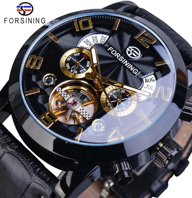 

Forsining Tourbillion Fashion Wave Black Golden Clock Multi Function Display Mens Automatic Mechanical Watches Top Brand Luxury T23100092