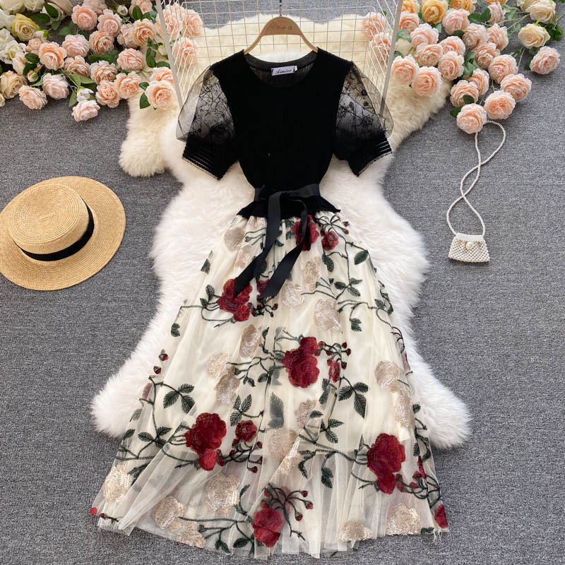 

New Summer Solid Slim Chiffon Lady Full Dress A Line V Neck Single Breasted Puff Sleeve High Waist Women Dresses 2023, Same as picture