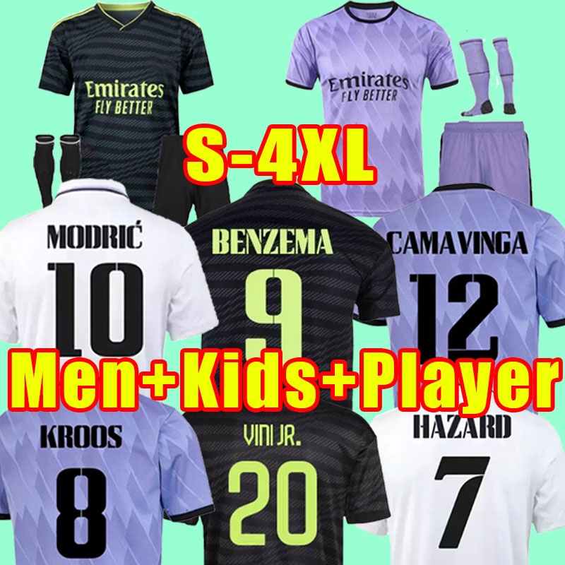 

2022 2023 Real Madrids BENZEMA Jerseys VINI JR MODRIC Camavinga 22 23 Tchouameni Asensio KROOS HAZARD Rudiger Fan Player version XXXL 4XL Men Kids Full kits Socks, Home+patch