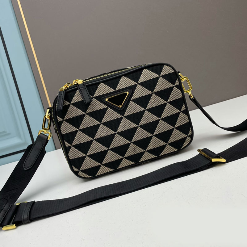 

Crossbody Camera Bag Messenger Bags Fashion Womens Handbags Purse Embroidered Fabric Flap Wallet Triangle Pattern Gold Hardware Genuine Leather