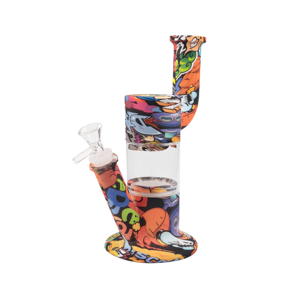

8.8" tall silicone bong with glass bowl and Lip print with handle Transfer printing water pipe dab rig for smoking