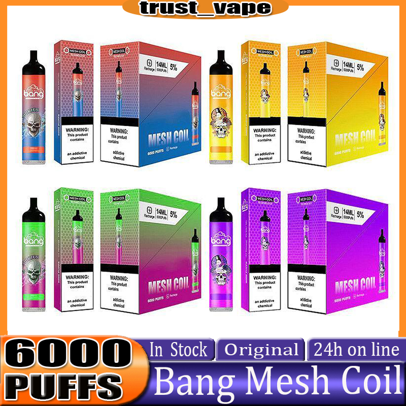 

Original Bang Mesh 6000 Puffs Disposable E cigarette Device Pod Kit 850mAh Rechargeable Battery Prefilled 14ml Coil Cartridge Vape Stick Pen VS bang 6000