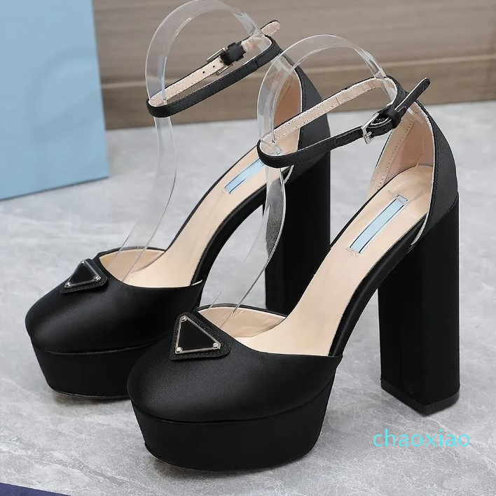 

2022 new Fashion Satin Sandals Designer Triangular buckle decoration chunky heels womens shoes 13cm high heeled Leather sole Platform heel ROMAN Sandal 35-42, 12