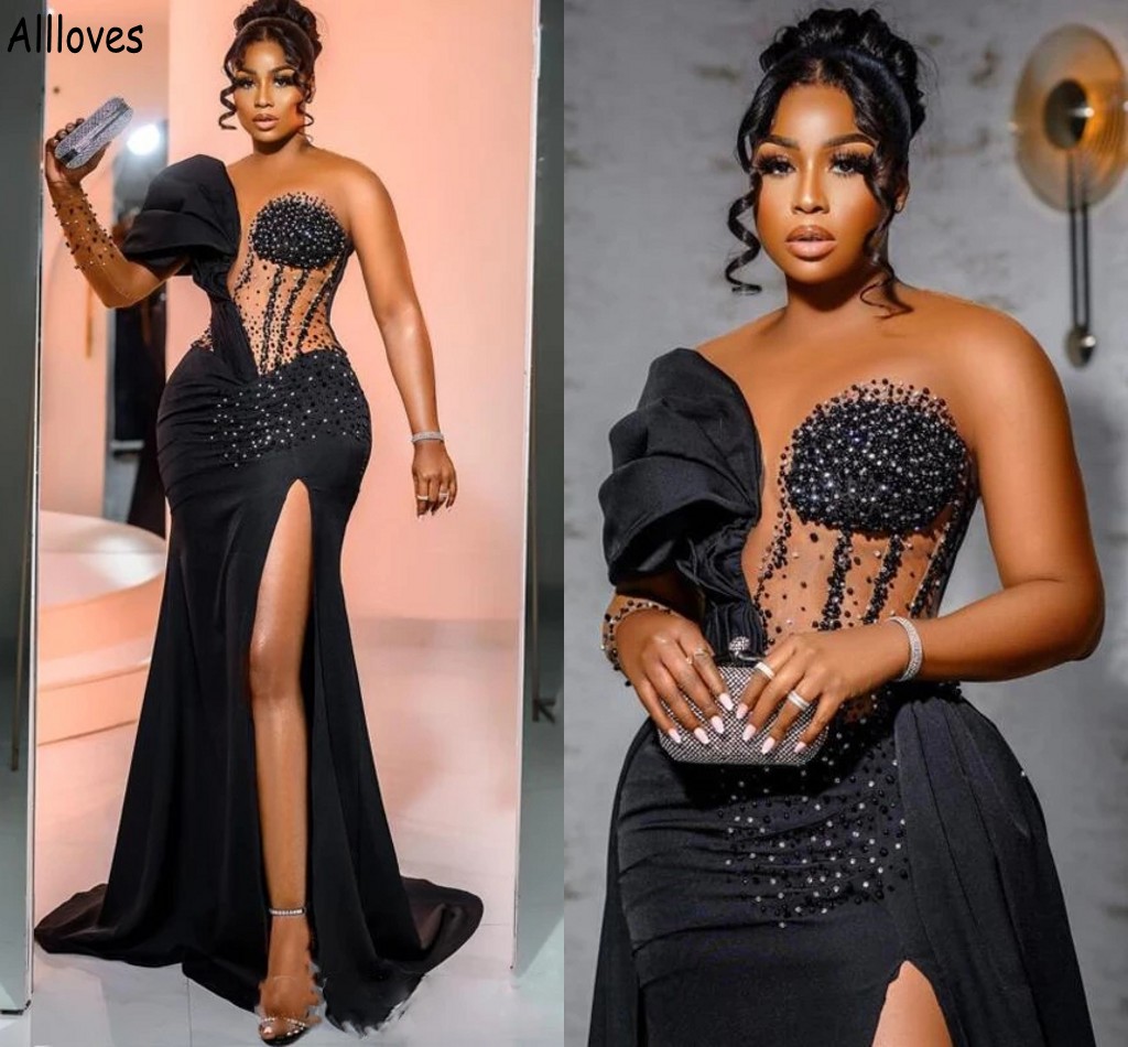 

Aso Ebi Black African Girls Mermaid Prom Dresses With Detachable Train Sheer Neck Beaded Long Sleeve Formal Evening Gowns Sexy Side Slit Reception Party Dress CL1627, Sage