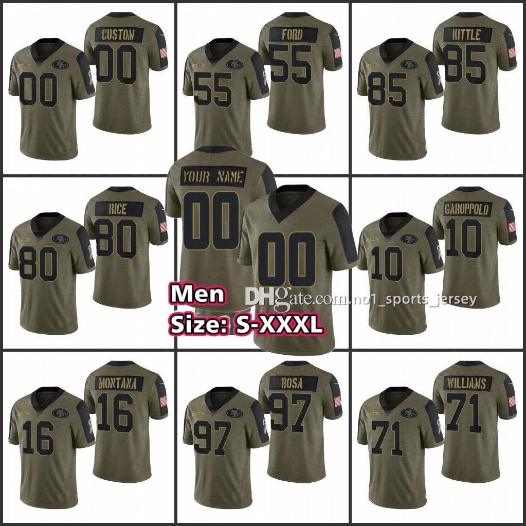 

Custom Jersey San Francisco''49ers''Men #10 Jimmy Garoppolo 5 Trey Lance 97 Nick Bosa 85 George Kittle Women Youth''NFL''Olive Salute To Service, 13