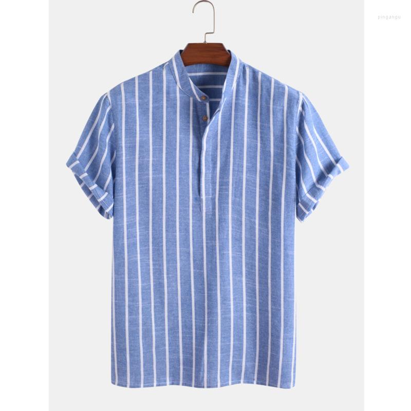 

Men' Dress Shirts Mens Stripe Printed Short Sleeve Stand Collar Cotton Casual Blue Henley