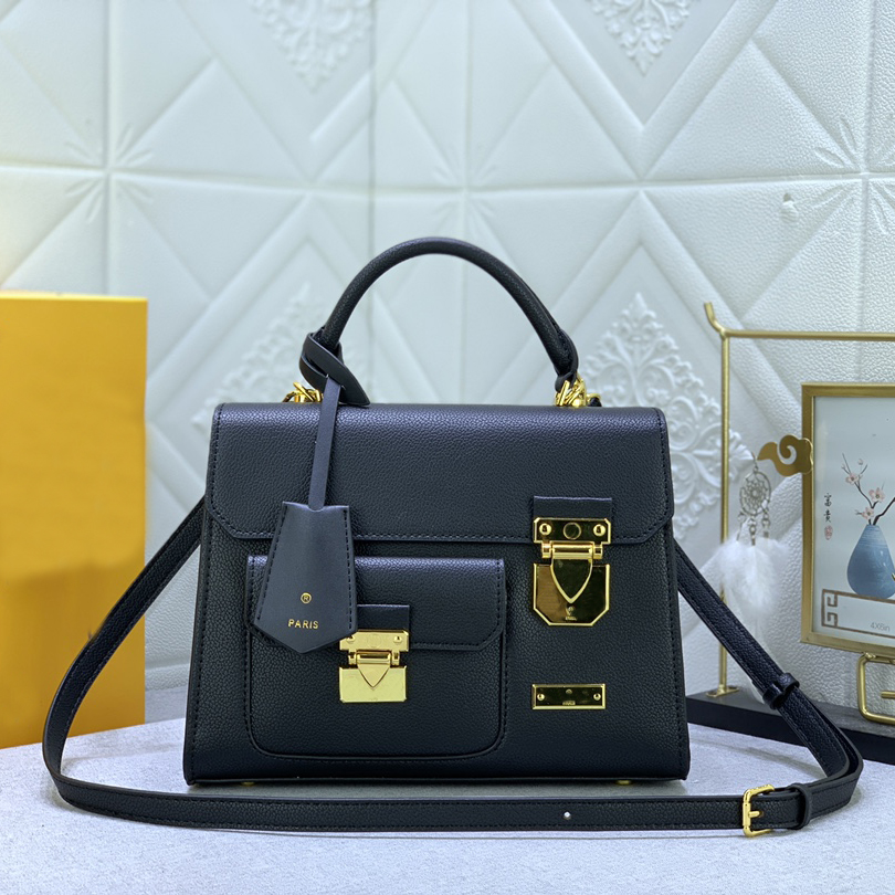 

7A Luxury Designer Bag Genuine Leather Totes 2 Asymmetric Metal Locks Single Shoulder Handbags, Black