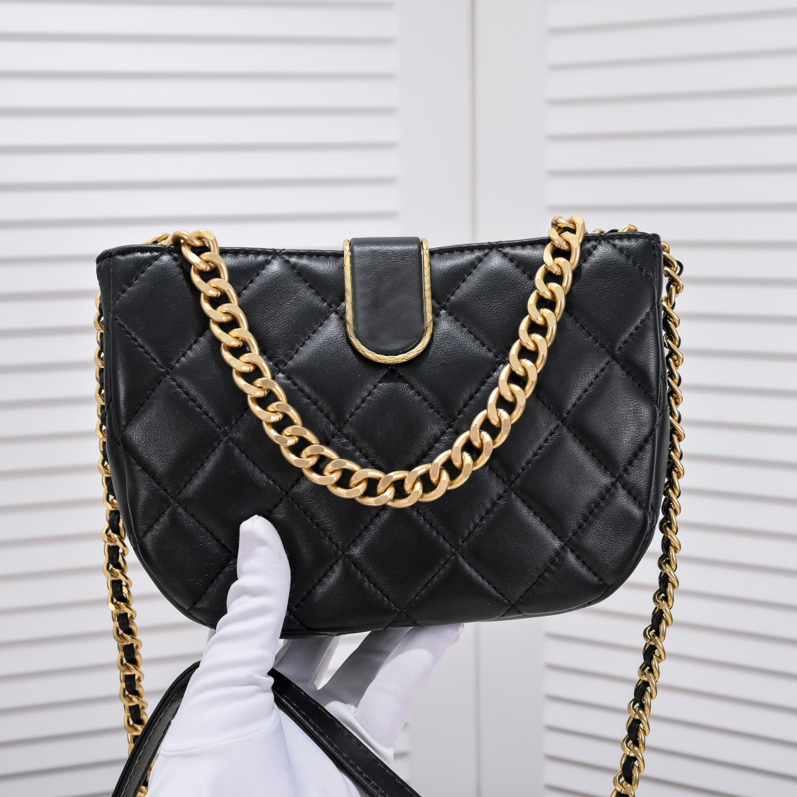 

7A Designer Bag Hobo Handbag Genuine Leather Sheepskin Diamond Lattice Tote Gold Thick Chain, Black