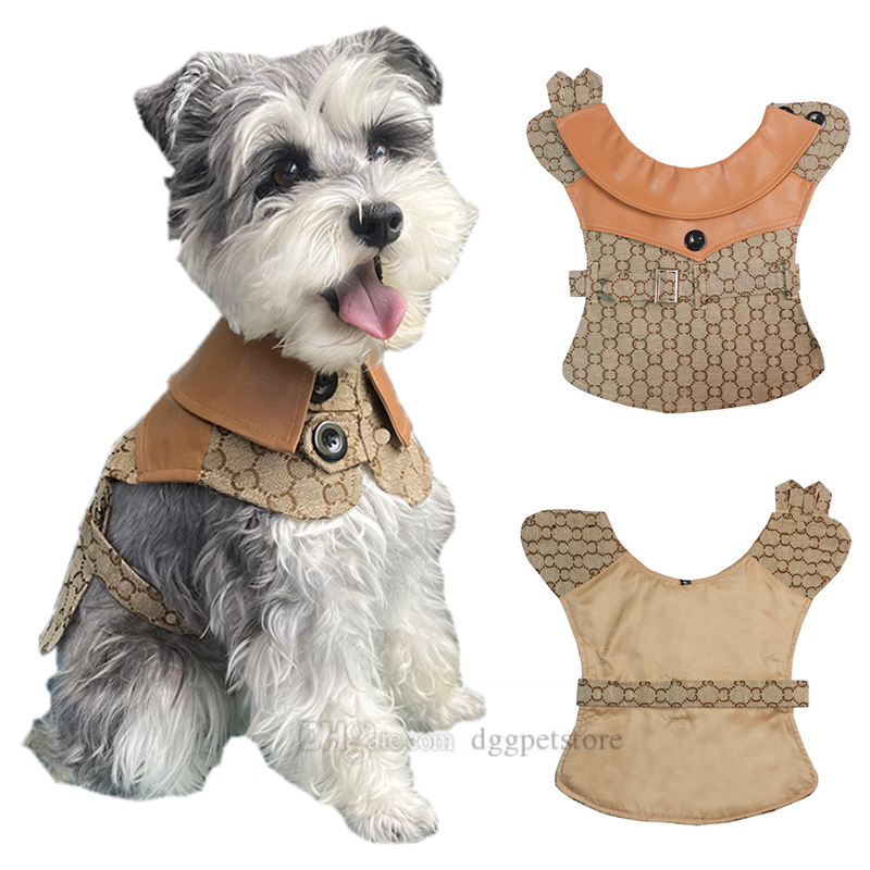 

Designer Dog Clothes Brand Dog Apparel Classic Letter Pattern Luxury Dogs Cloak Warm Pet Coat with Leather Collar for Small Doggy Puppy Cosplay Outfits  A504, Brown