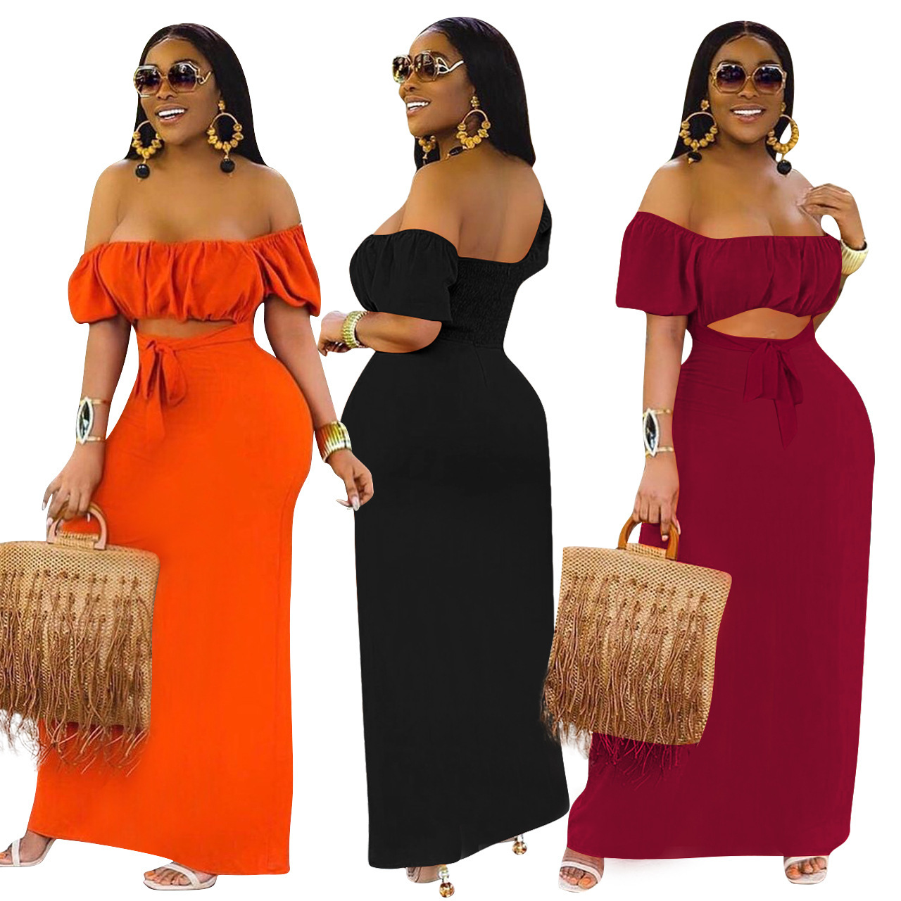

Women' Long Skirt Solid Color Backless One-line Collar Wipe Short Sleeved Casual Dress, Orange