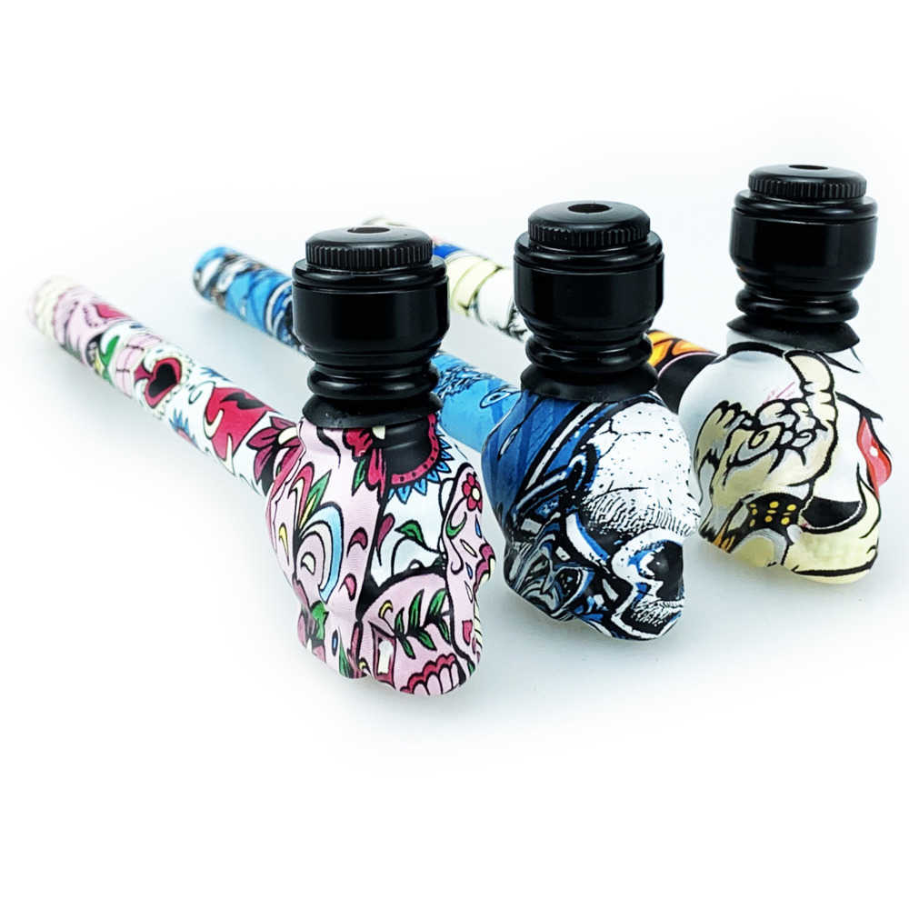 

Smoking Silicone Pipes Water Transfer Printed Color Metal pipe Skull Glass Pipe removable for wholesale