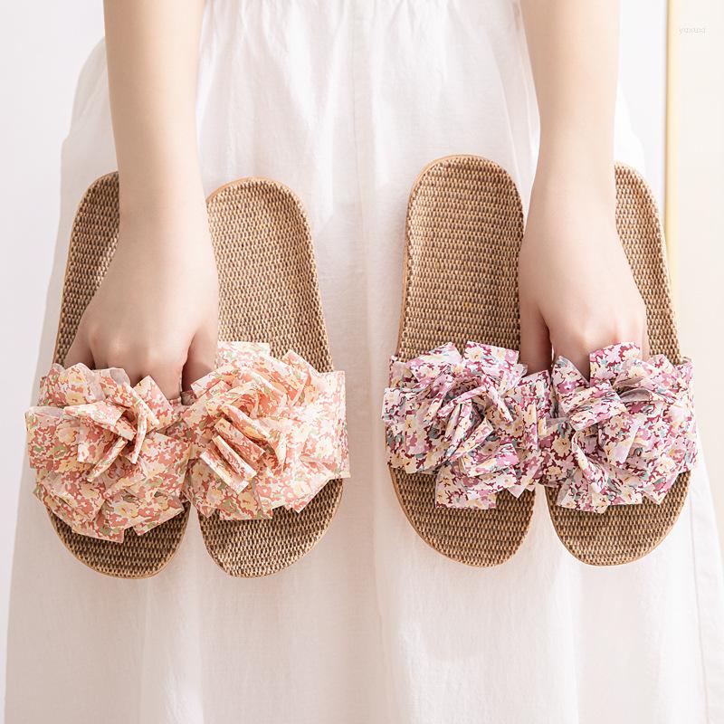 

Slippers Suihyung Women 2022 Home Shoes For Girls Big Flowers Bow-knot Flat Sandals Female Lightweight Flax Slides, Blue