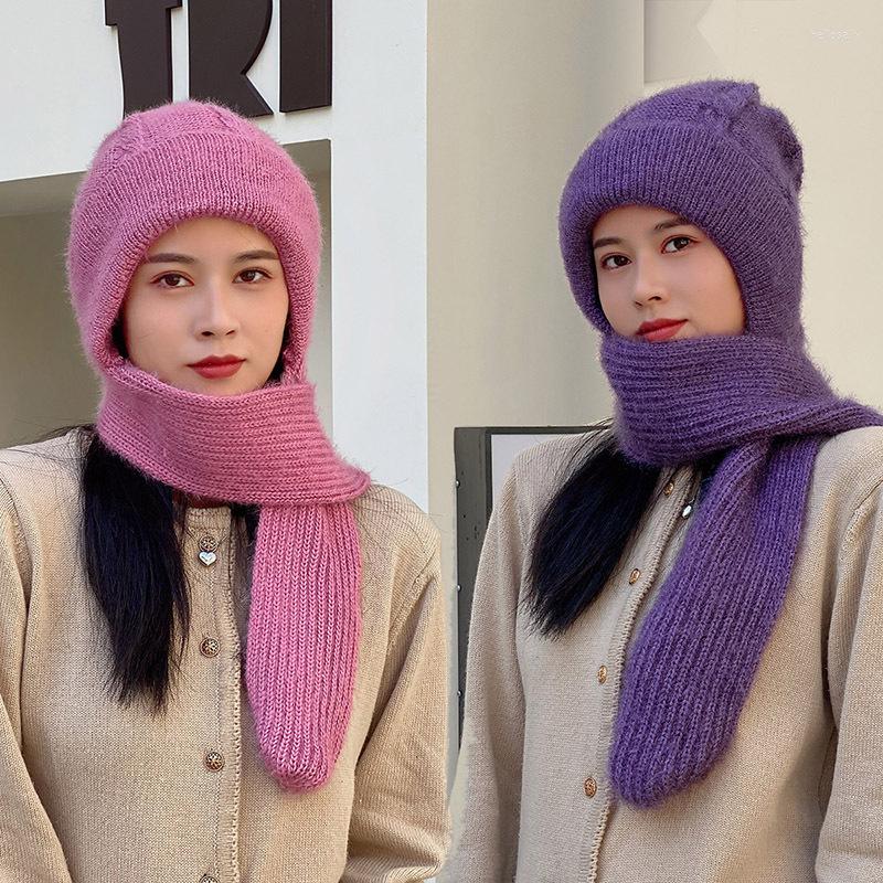 

Berets 2 In 1 Women Hand Woven Snow Hat Winter Warm Scarf Beanies Set Velvet Thick Knit Bonnet Outdoor Cold Proof Solid Color Headgear