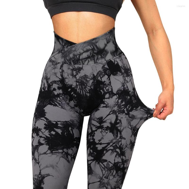 

Active Pants CHRLEISURE Cross Waist Yoga Tie Dye Sport Leggings Women Scrunch BuSeamless Push Up Legging Gym Clothing Activewear, Black