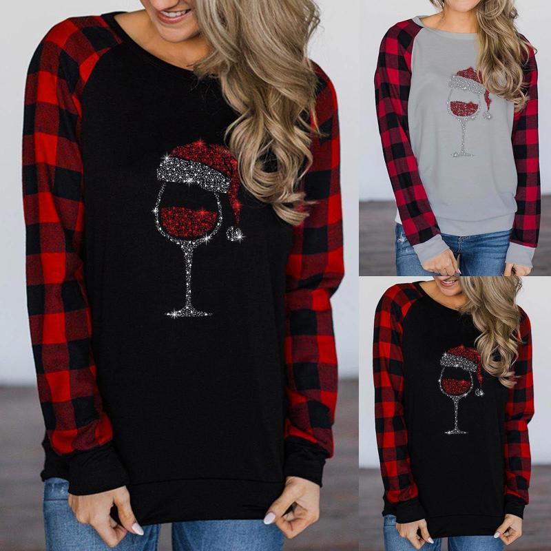 

Women' T Shirts Women Christmas Printing Daily Casual Round Neck Long Sleeve Shirt Wine For Tees Cotton, Black