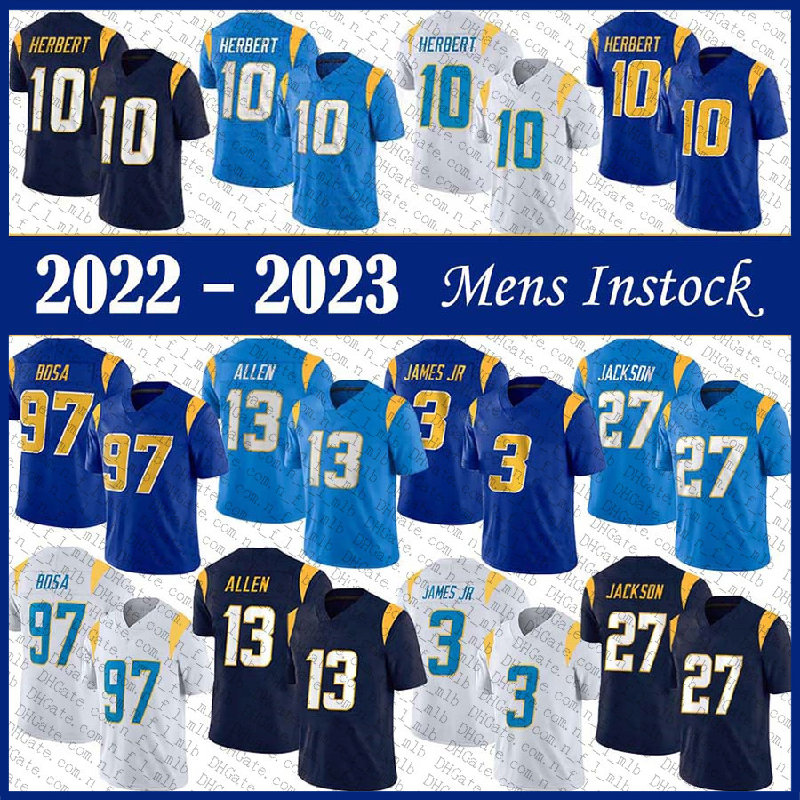 

10 Justin Herbert Mens Football Jersey 13 Keenan Allen 97 Joey Bosa 3 Derwin James Jr 27 J.C. Jackson 100% Stitched Embroidered Jerseys, Shown